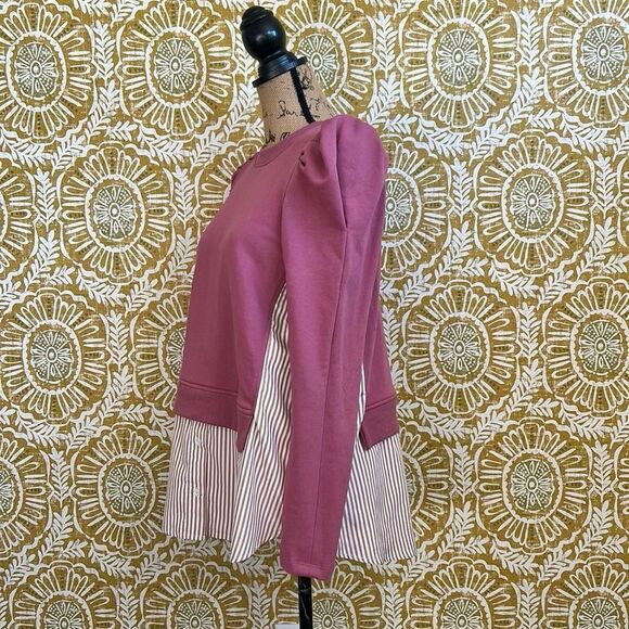 Anthropologie Maeve Puff Sleeve Twofer Layered Tunic Sweatshirt Pink Combo Sz S - Picture 9 of 12